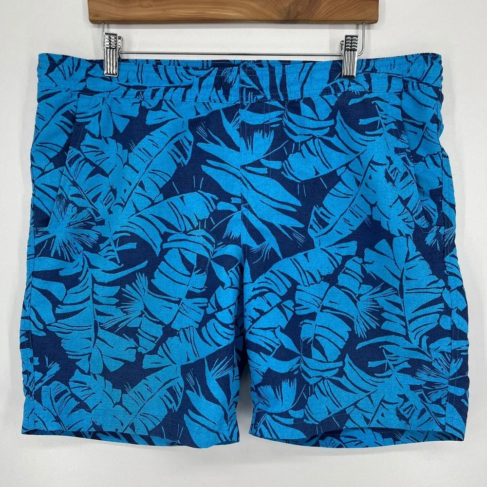 Eddie Bauer Mens Blue Tropical Palm Leaf Print Swim‎ Trunks Mesh Lining Size M